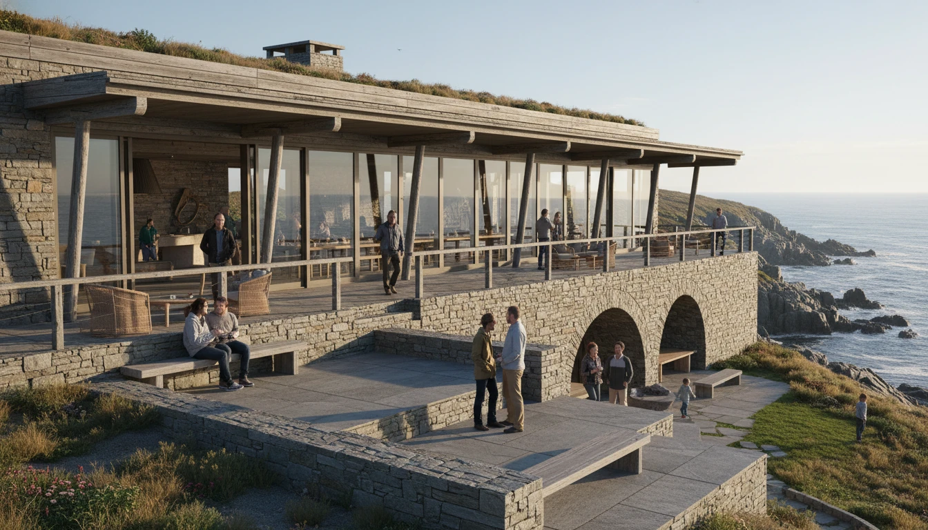 Waterside terrace with long roof and stone base