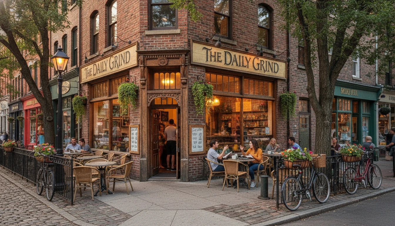 Corner café with outdoor tables under trees