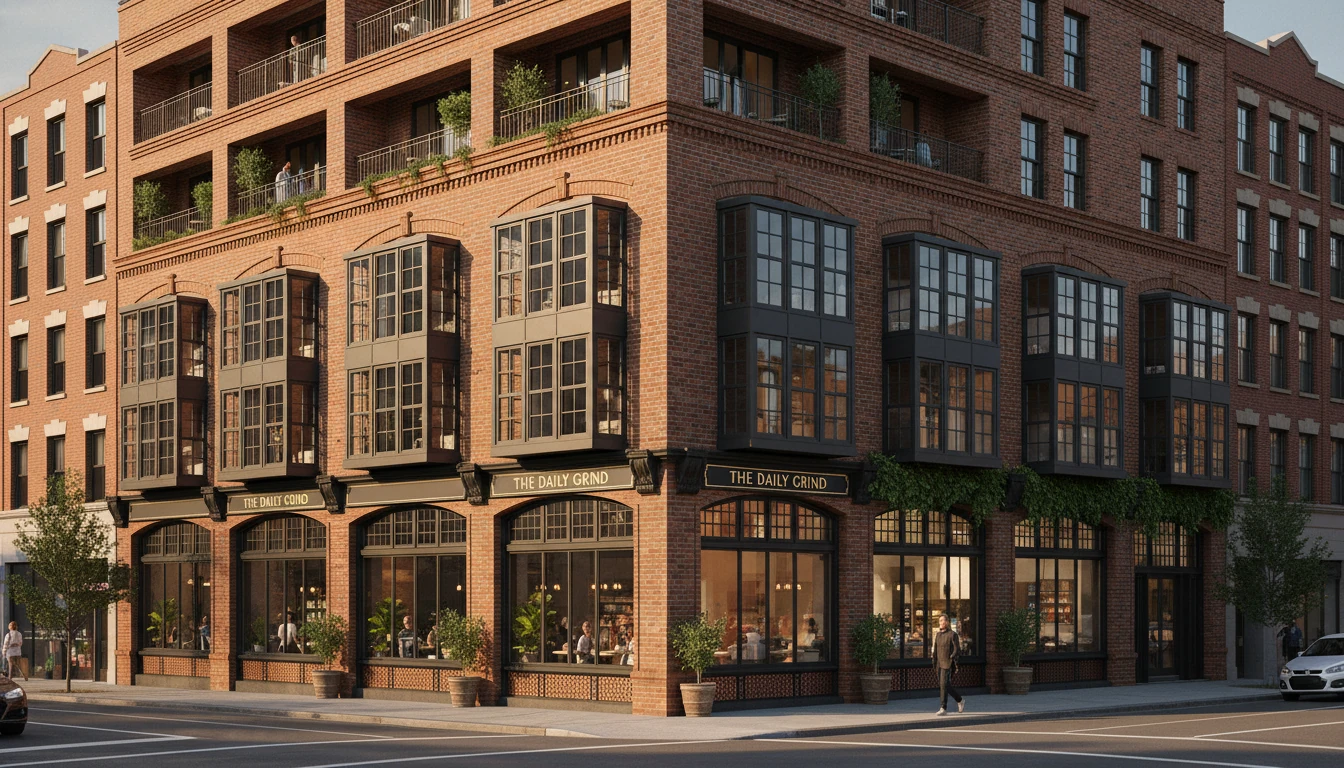 Brick corner building with upper residences