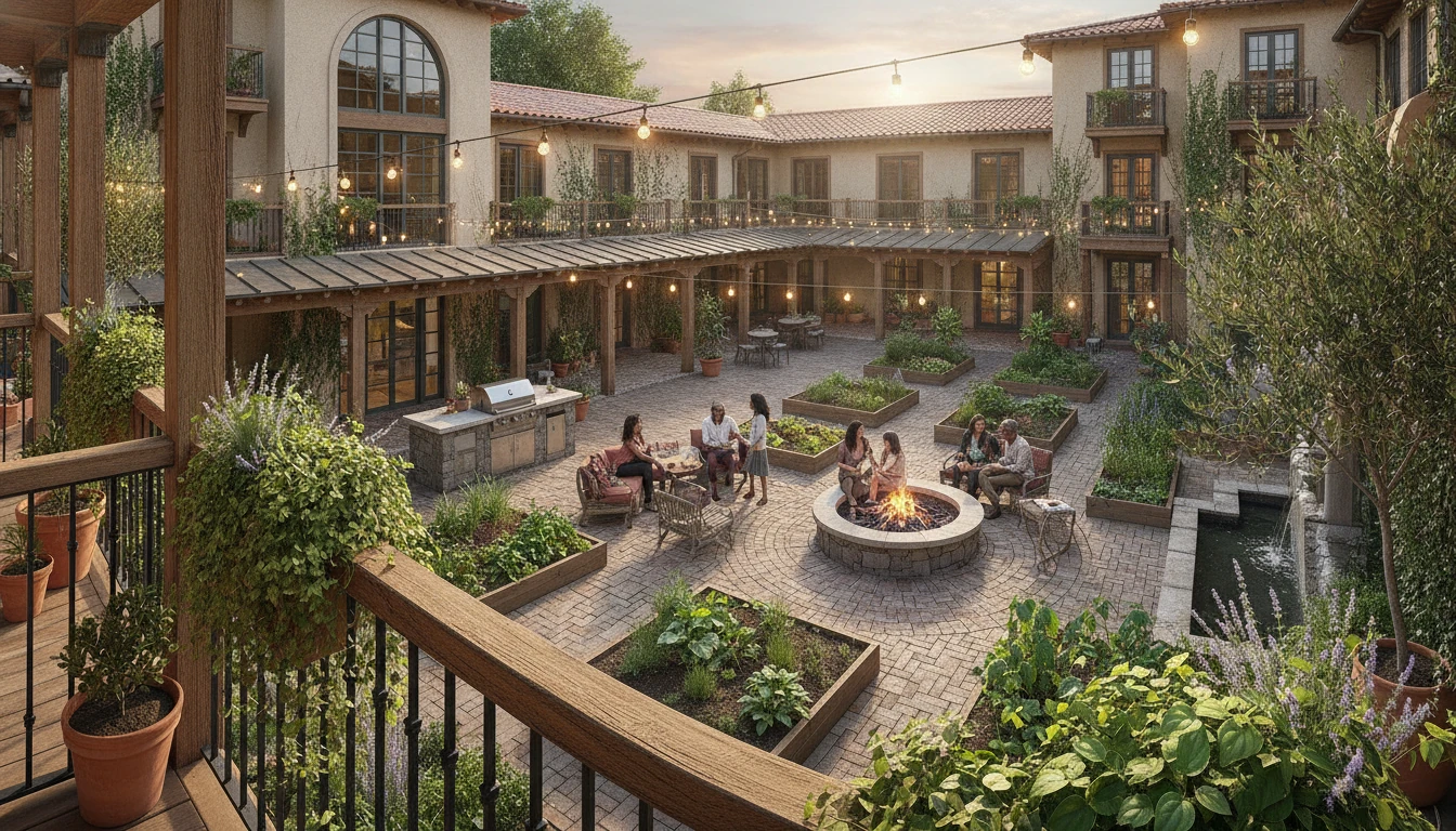 Balcony overlooking planted courtyard