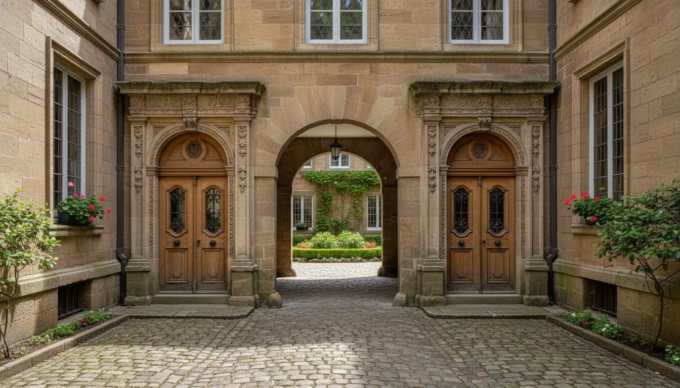 Paired arches leading to a shaded court