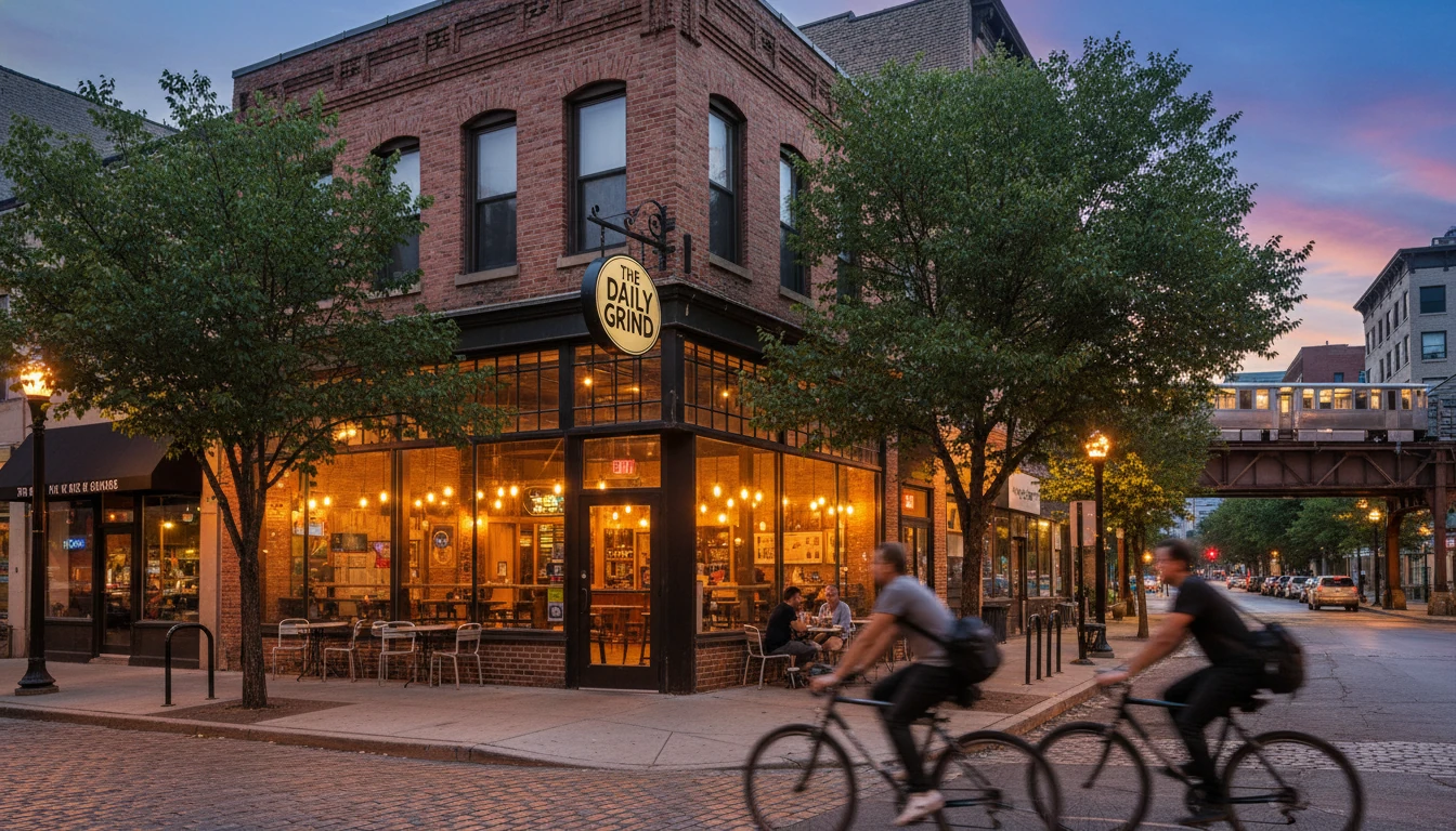 Evening streetfront with warm café interior glow