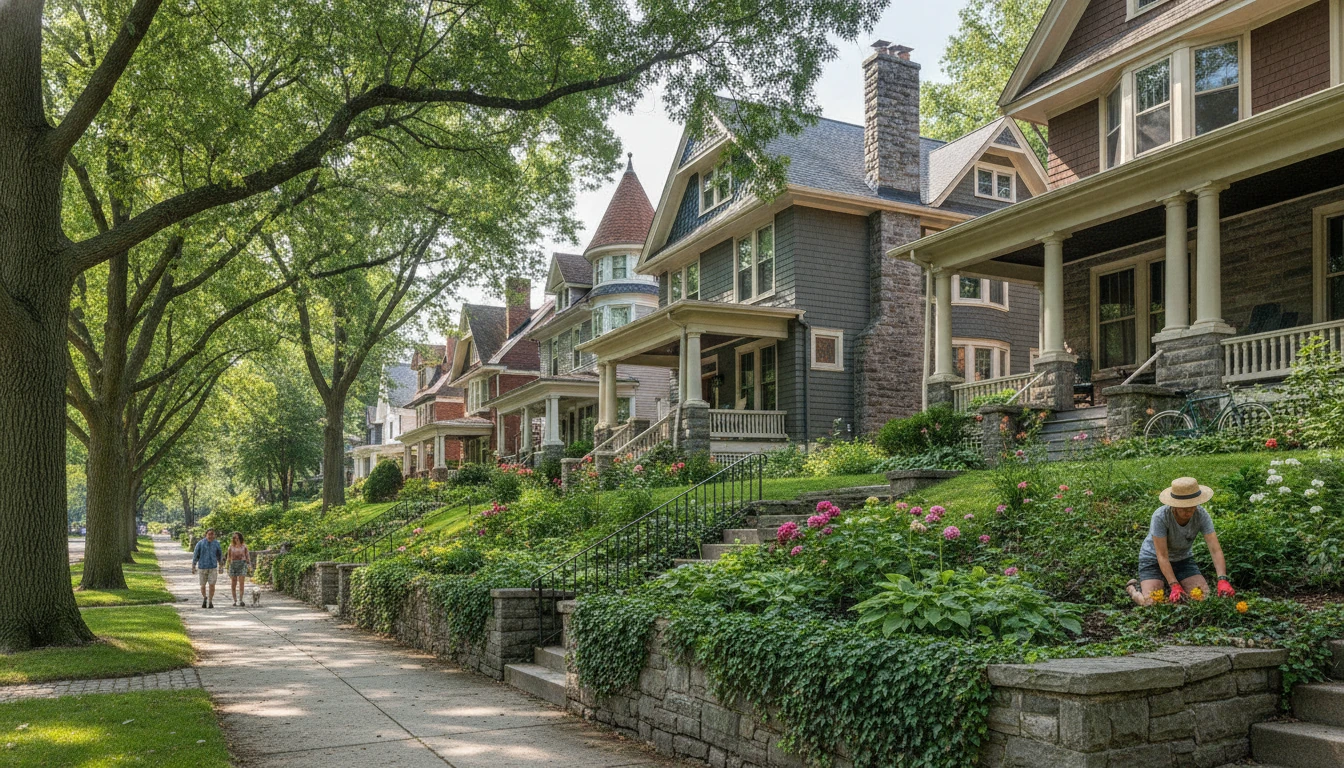 Porch rhythm along a leafy block