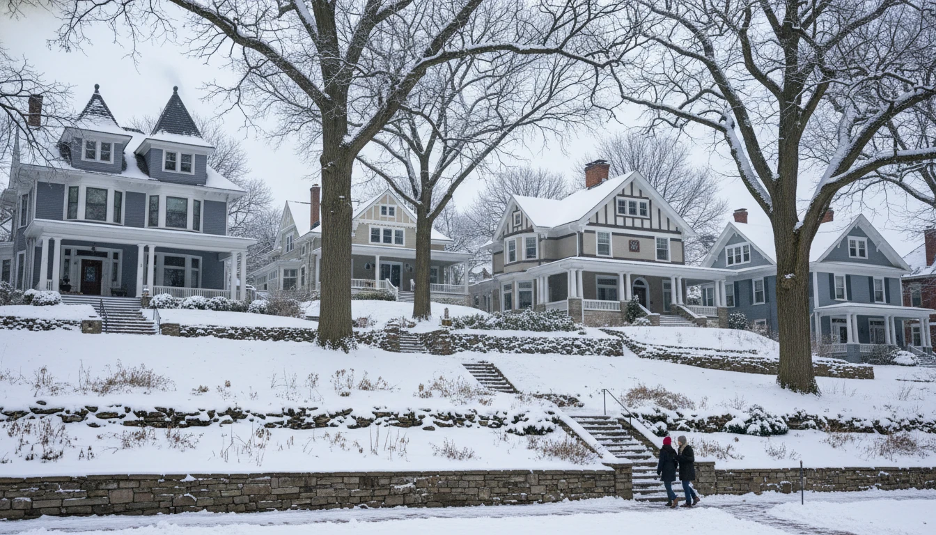 Winter view of homes with deep porches