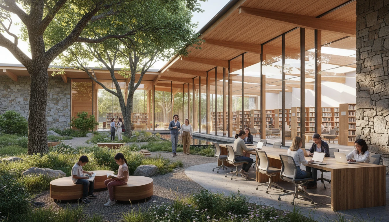 Library opening to a shaded garden terrace