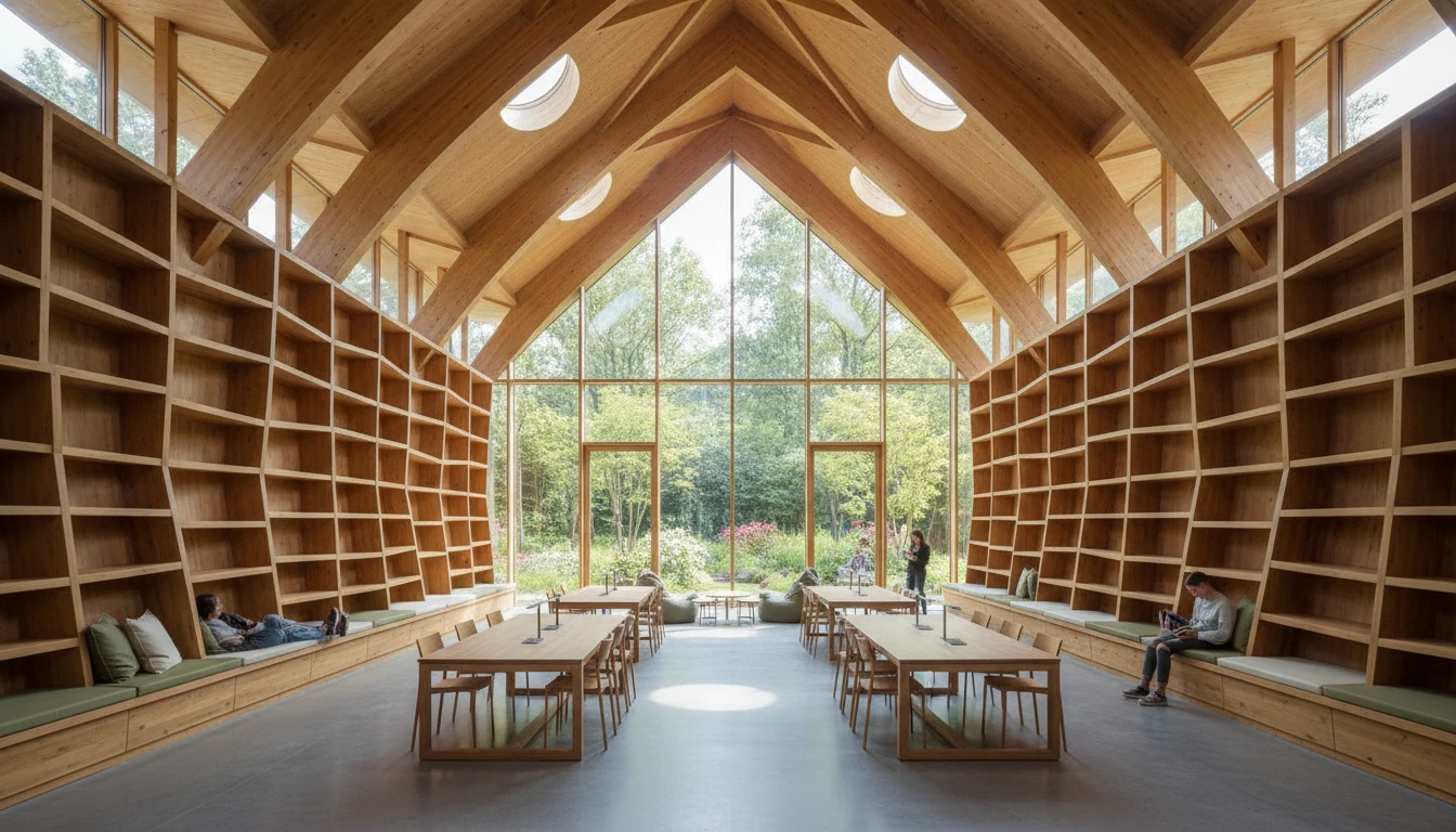 Timber trusses over a bright reading room