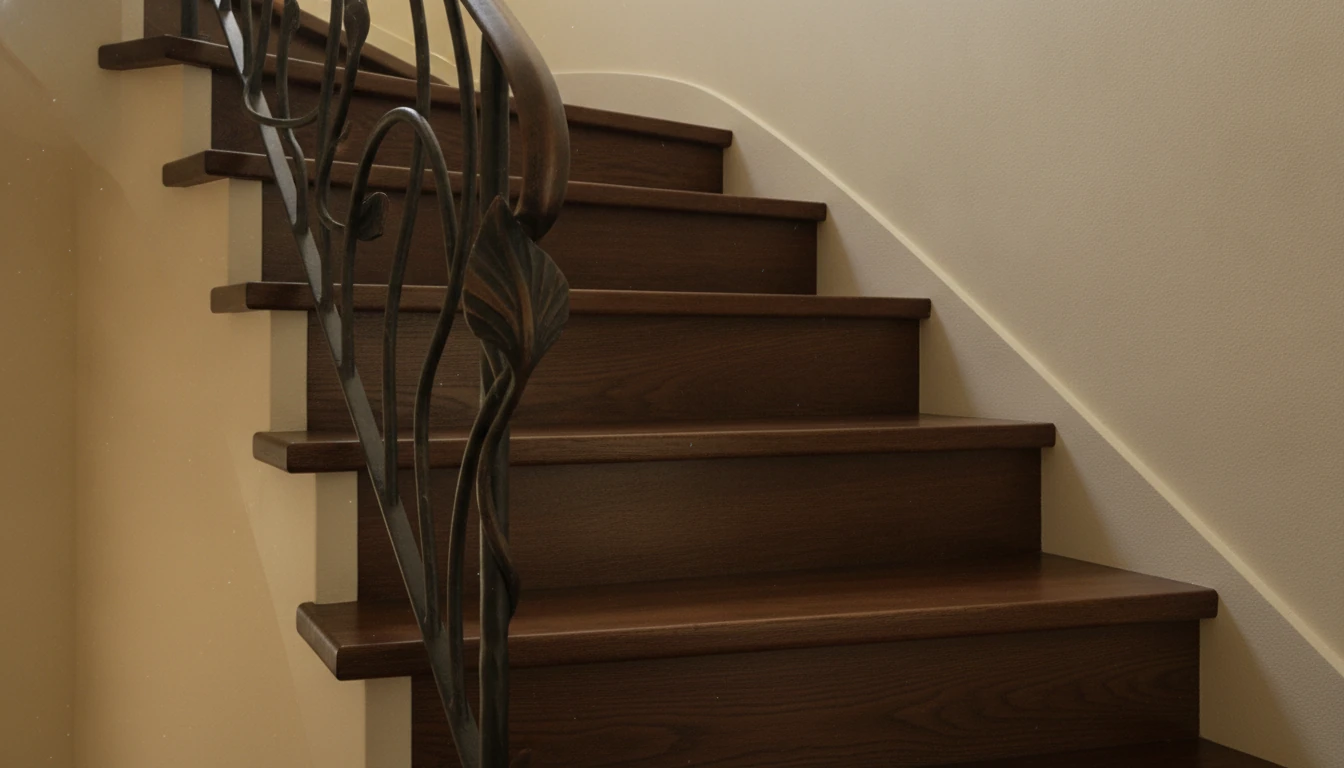 Stair handrail detail with wood and plaster