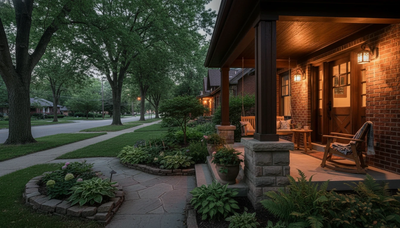 Porch at dusk with warm lamplight and stone piers