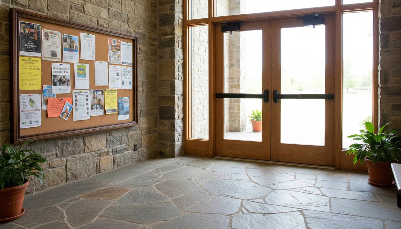 Library entry vestibule with wood and glass doors