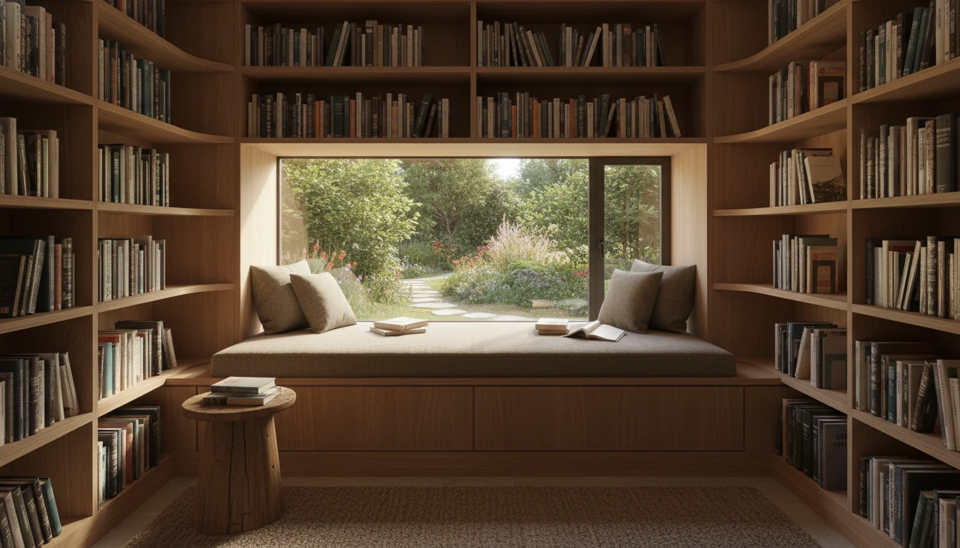 Reading bay with wood shelves and garden view