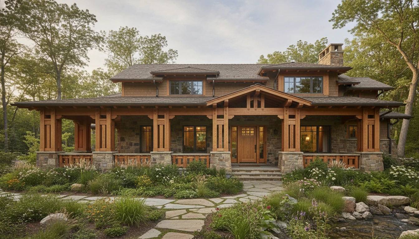 Arts & Crafts residence with broad porch and brick base