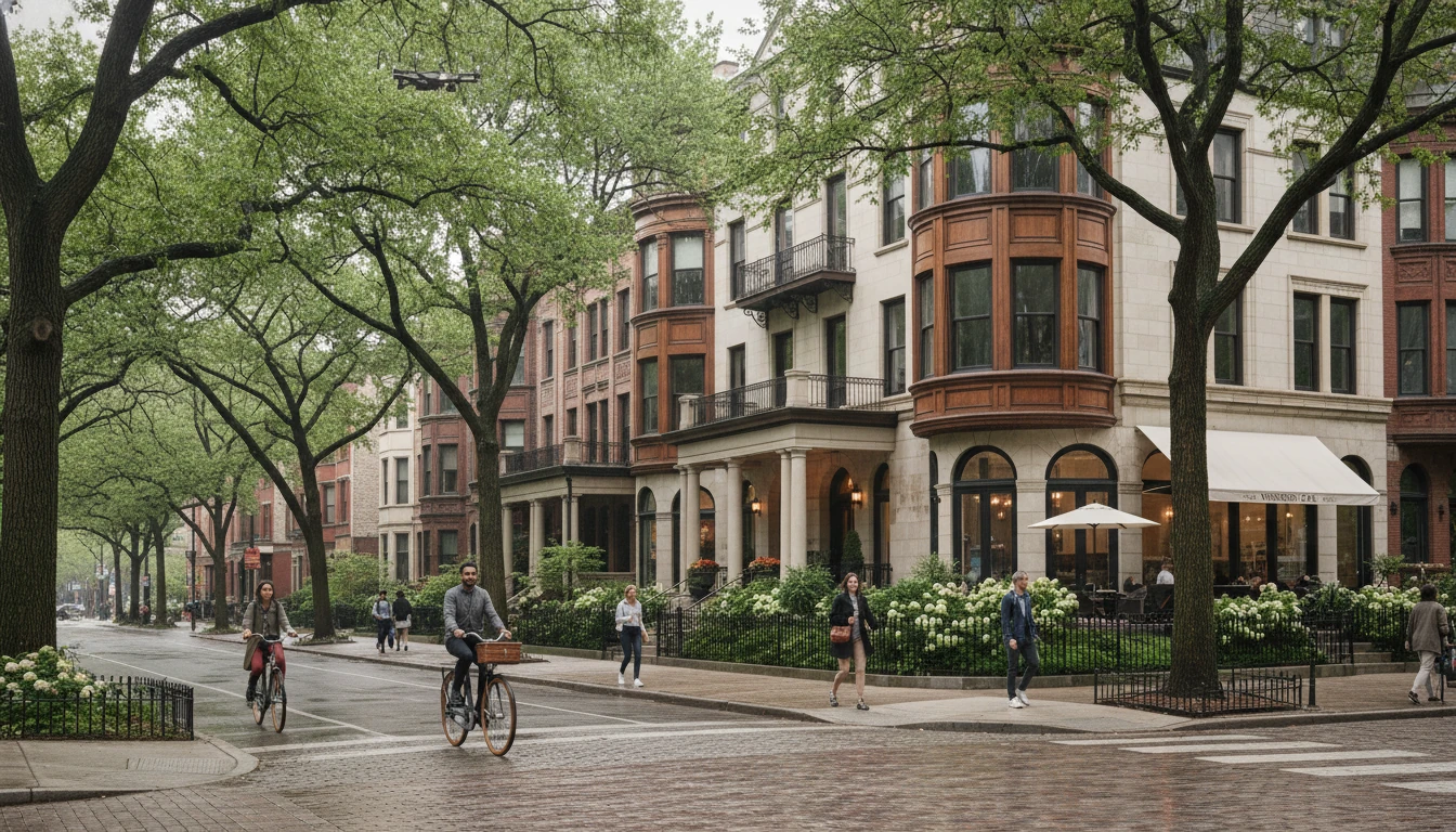 Cyclists and walkers along a leafy block