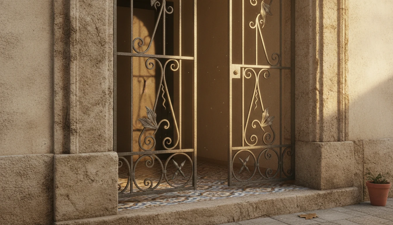 Entry arch with stone, plaster, and tile threshold
