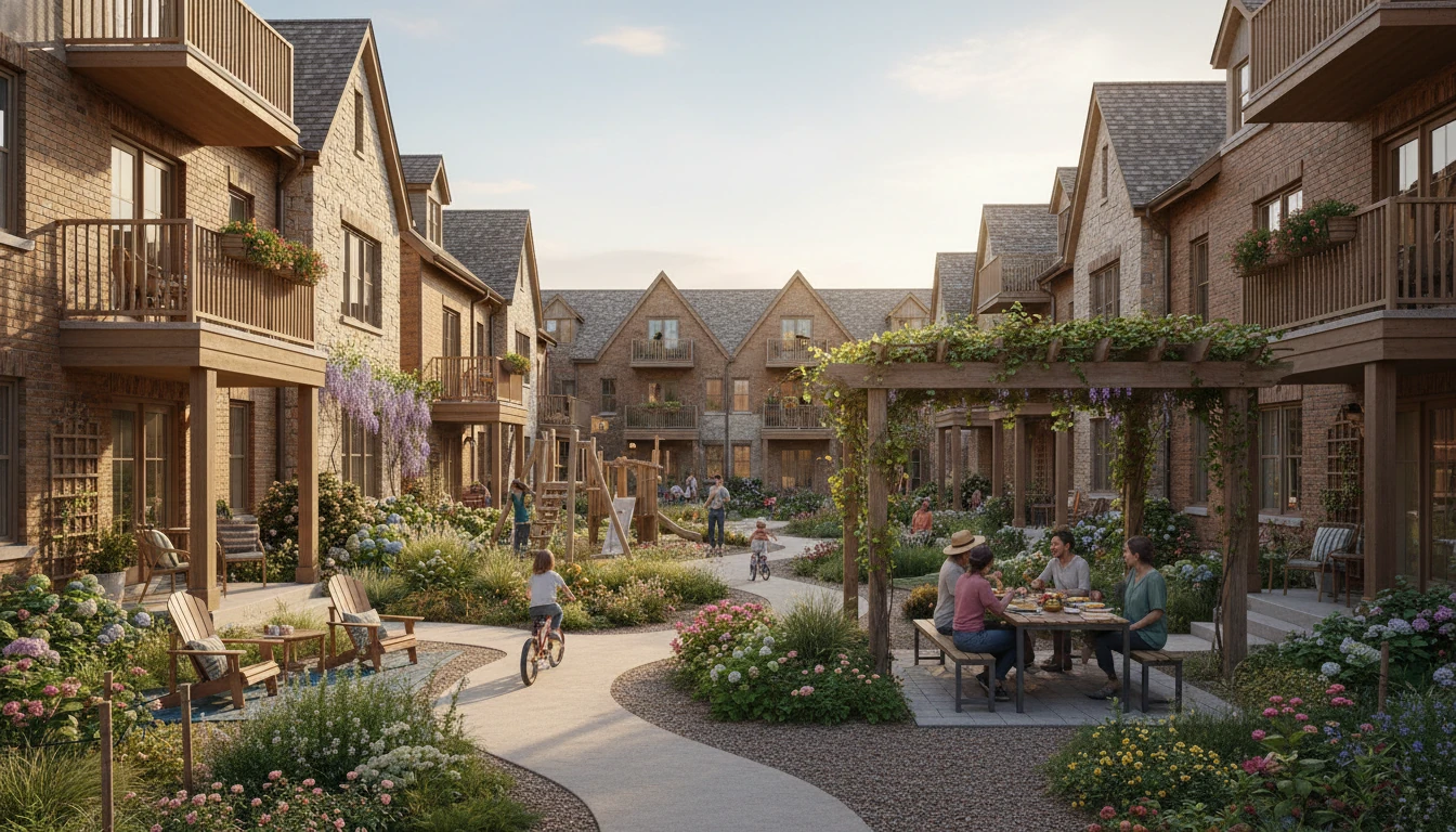 Townhouse mews with planting and porches