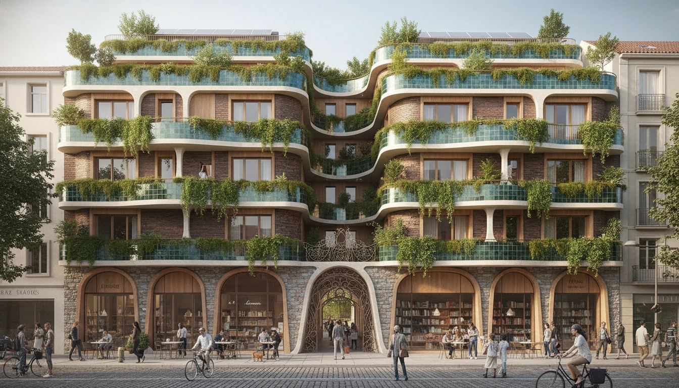 Curved balconies with planters over a masonry base
