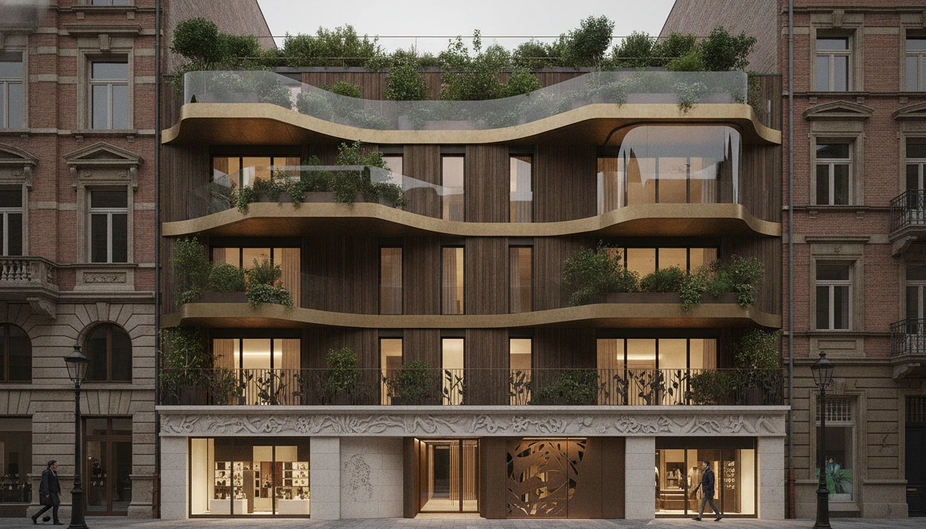 Mixed residential façade engaging the sidewalk