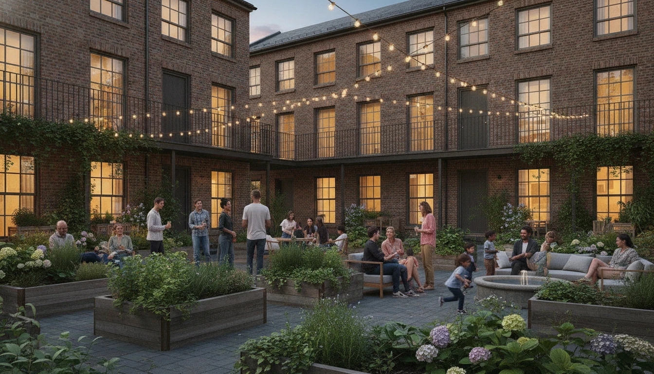 Townhome courtyard evening with string lights