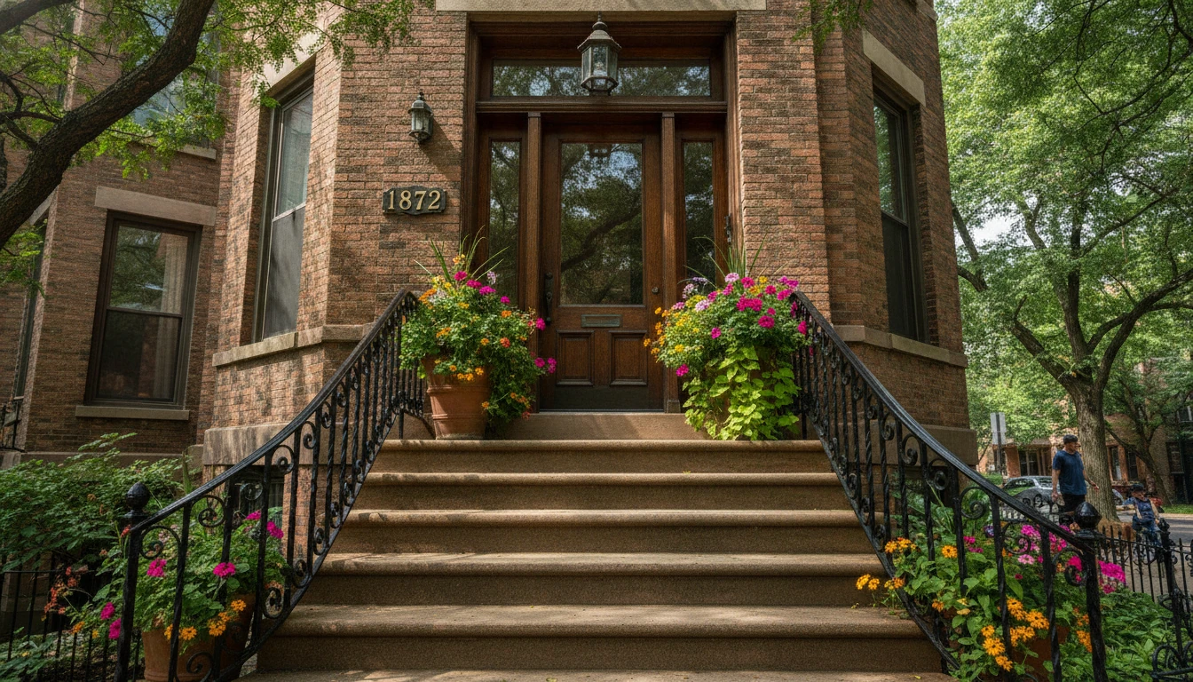 Stoop with iron rail and house number plate