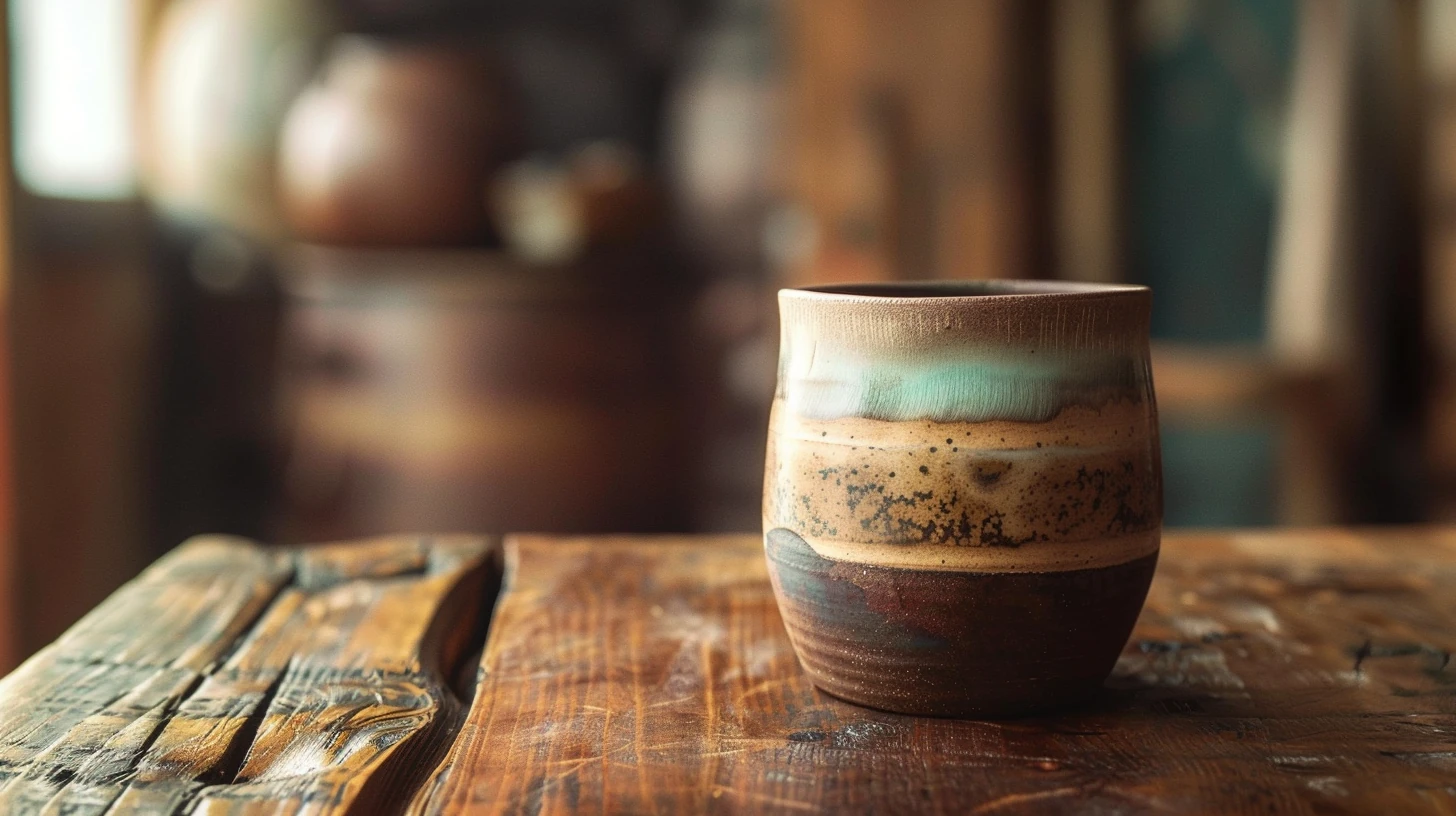 Handcrafted ceramic mug with turquoise glaze on a rustic wooden table