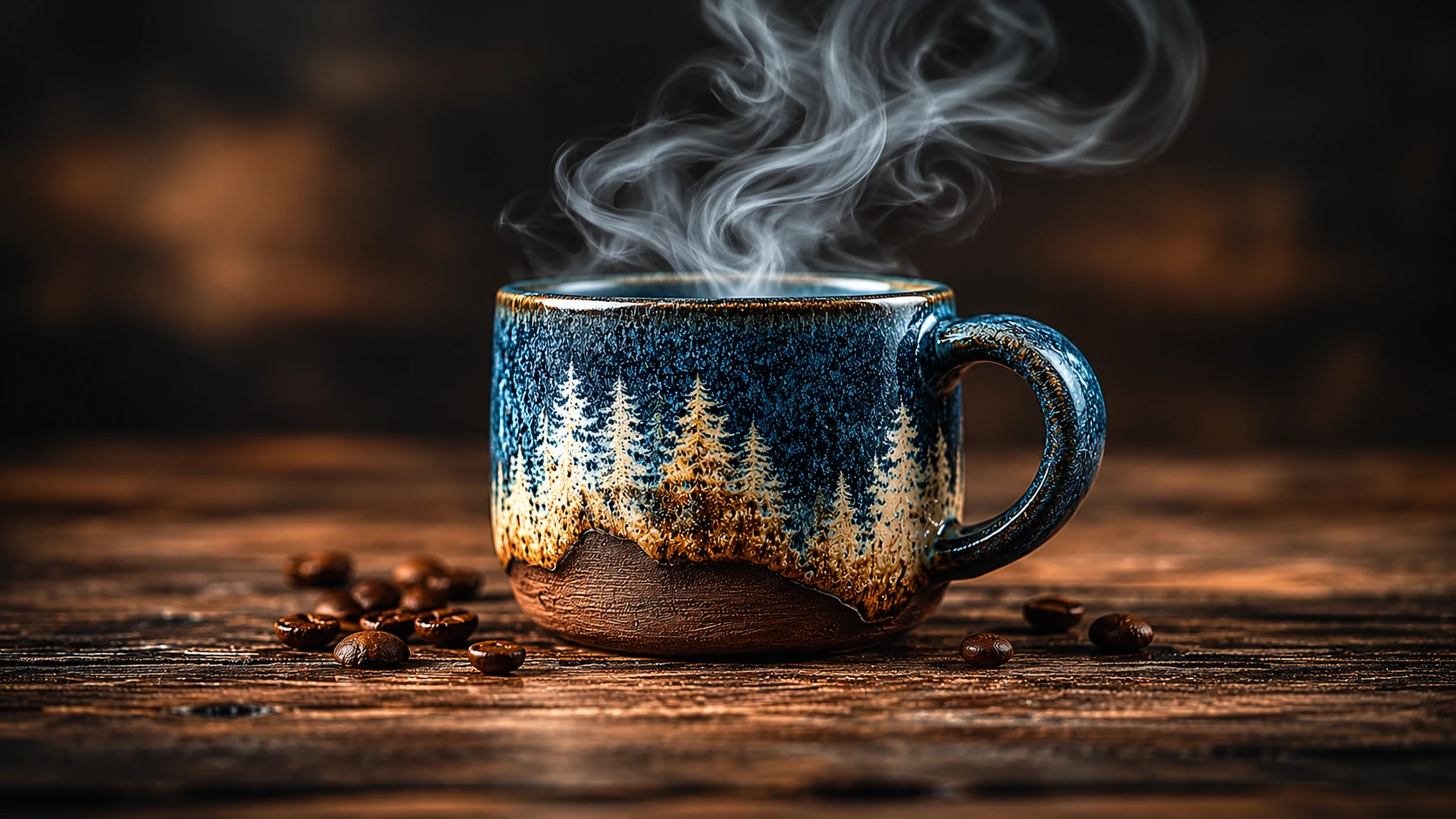 Blue ceramic mug with rising coffee steam on a wooden table