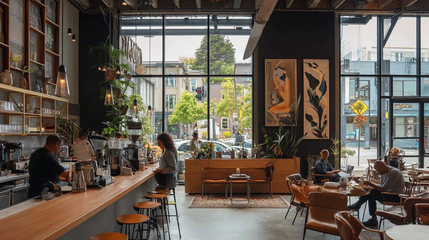 Coffee shop interior with bar, seating, plants, and tall windows