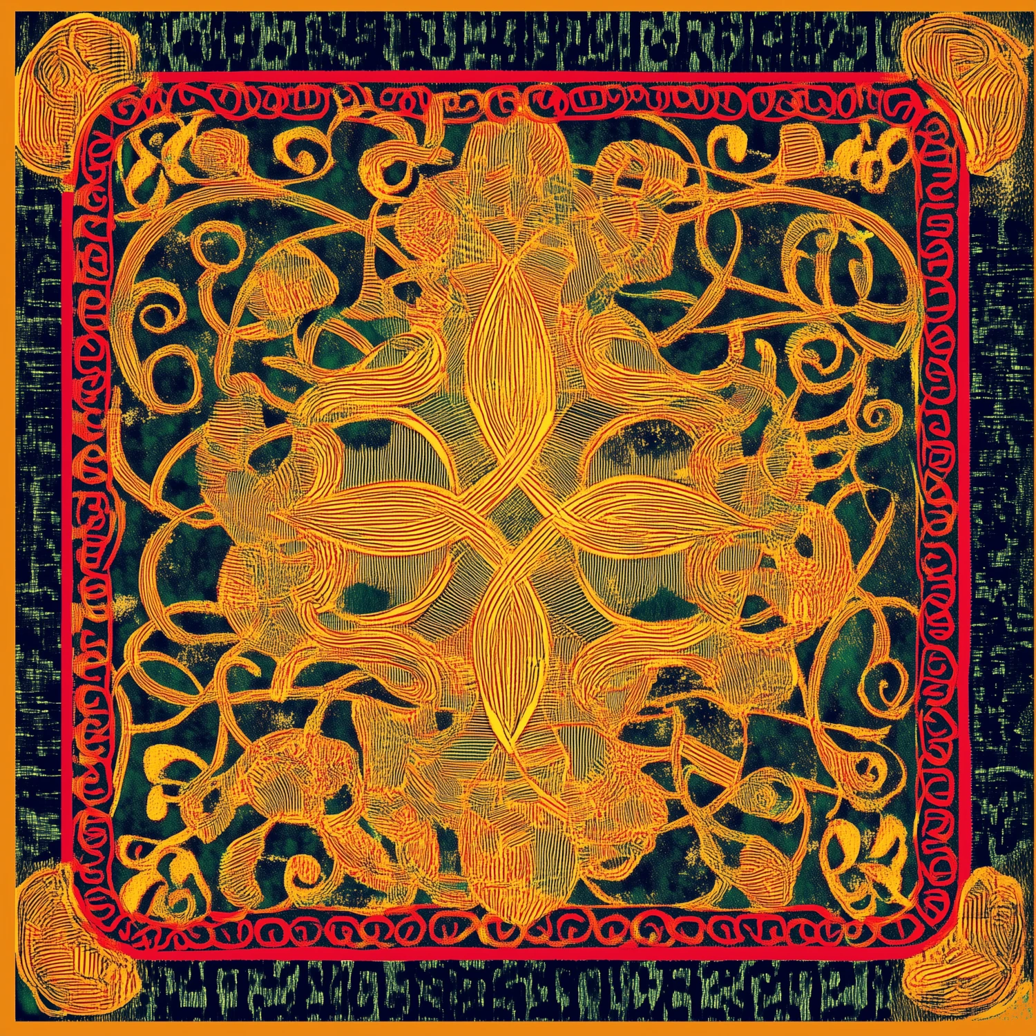 Ornate golden square pattern with red border on a dark background
