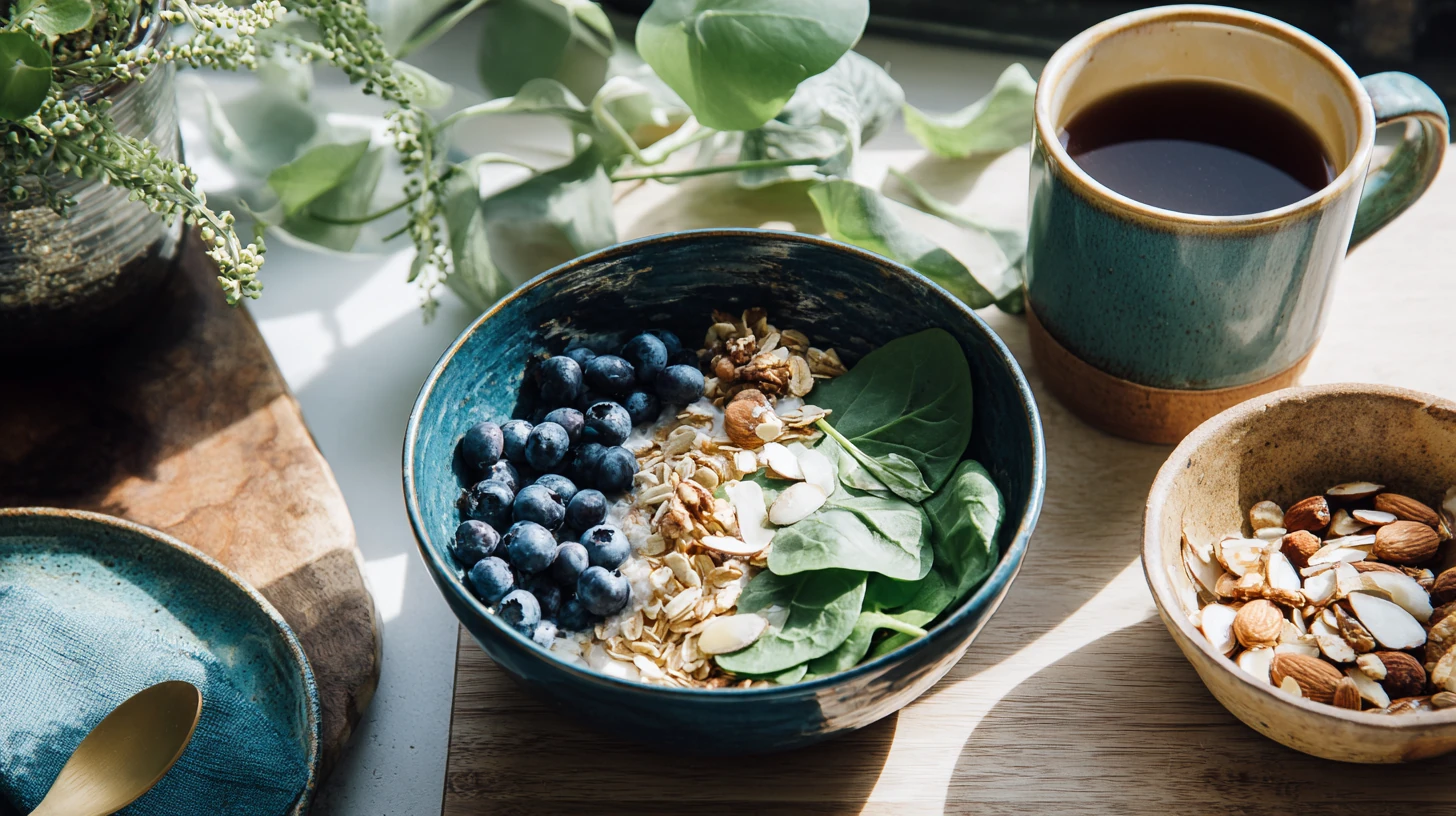 Morning bowl with oats, blueberries, spinach, and nuts beside a cup of coffee in sunlight