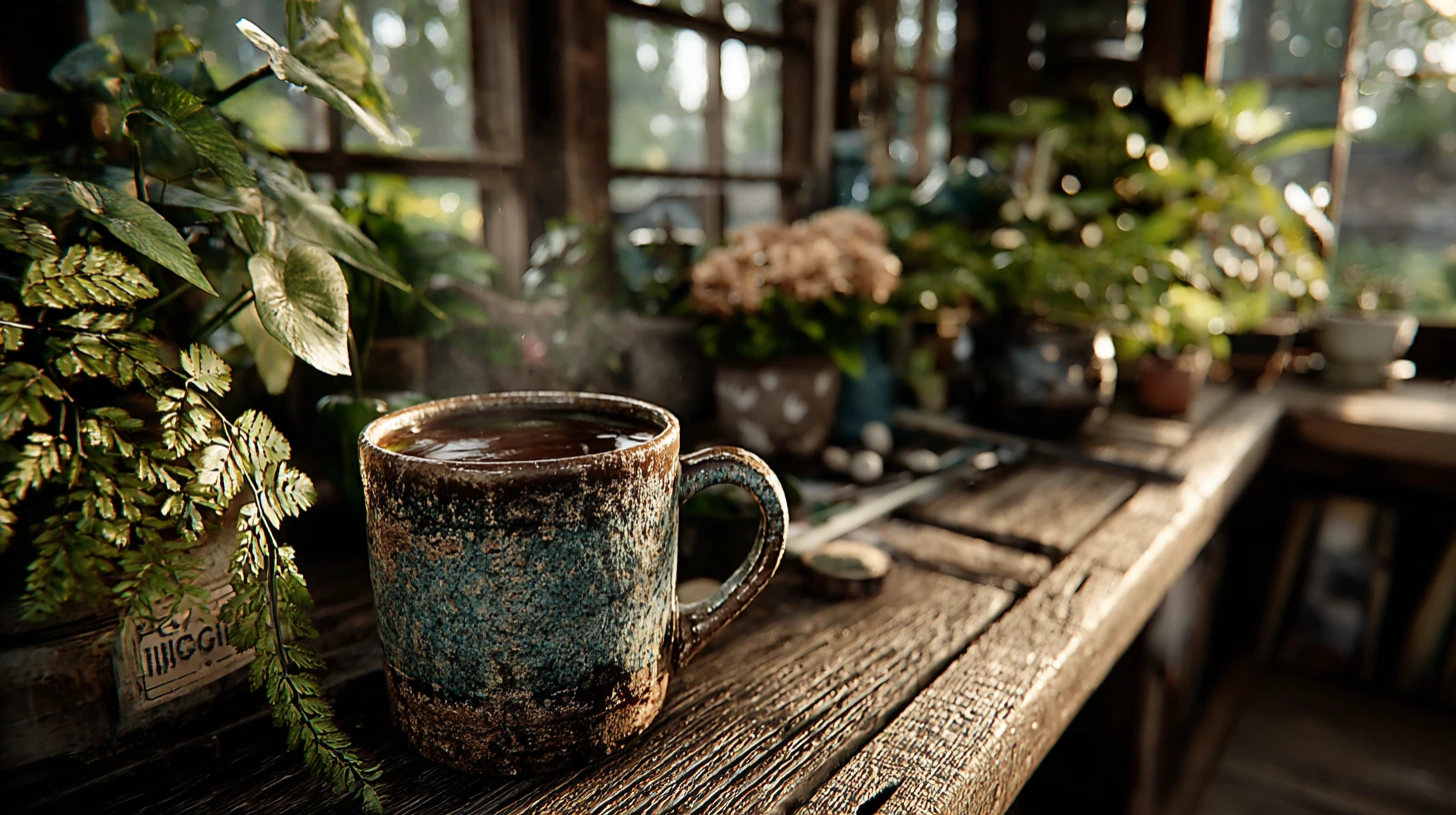 Steaming mug of tea on a rustic wood bench surrounded by plants in soft morning light