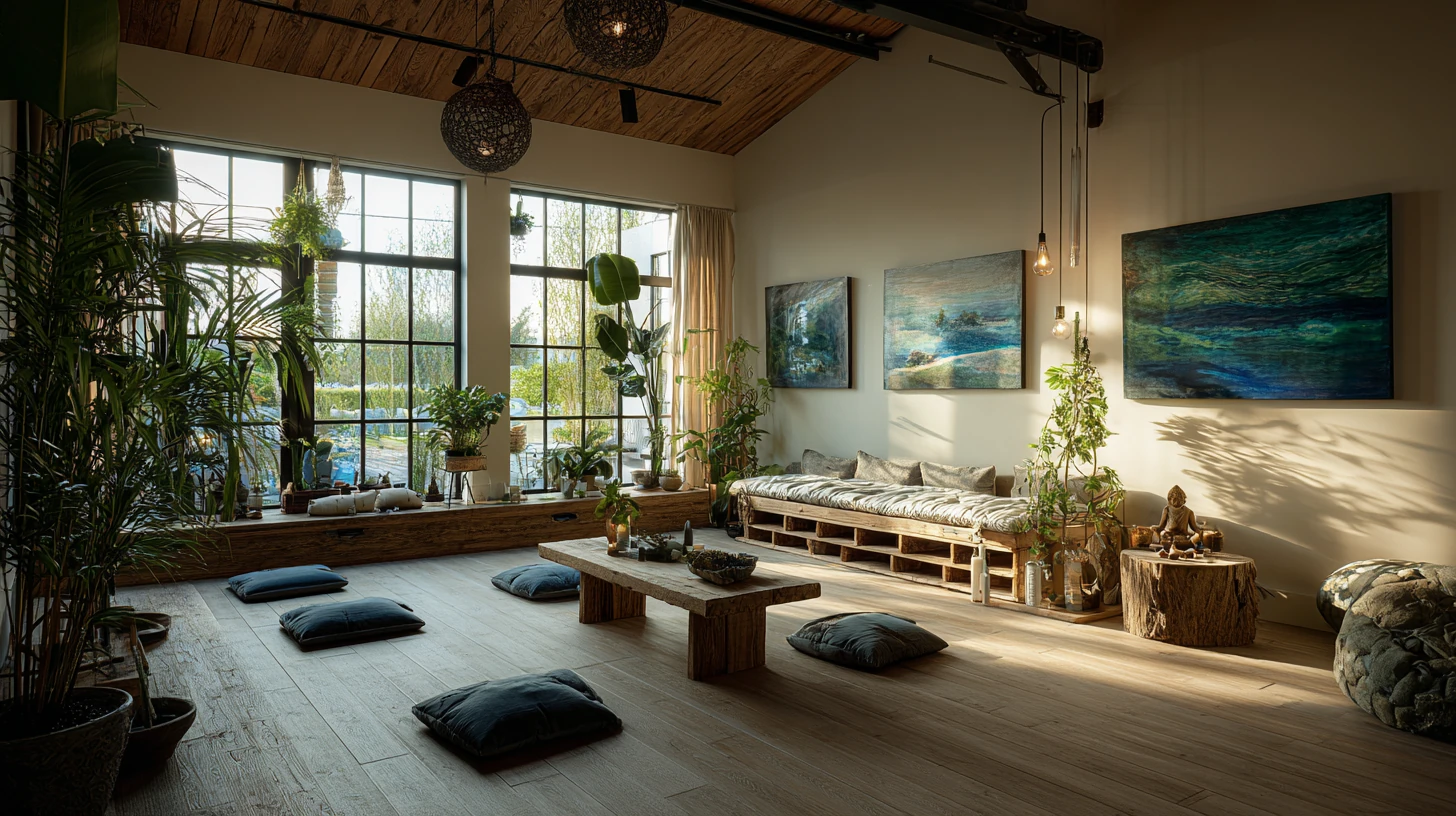Sunlit wellness studio with floor cushions, plants, and a wooden bench
