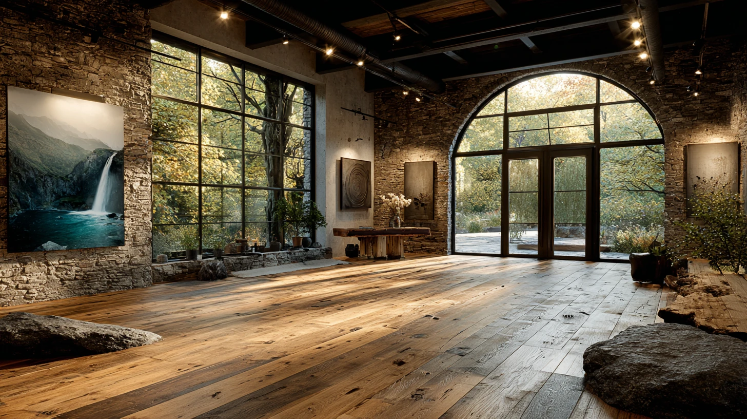 Spacious stone‑walled studio with arched glass doors opening to trees and natural light