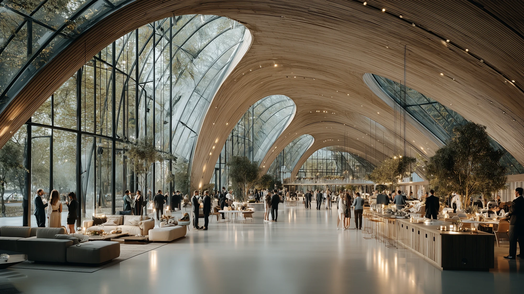 Modern architectural atrium hosting a professional gathering